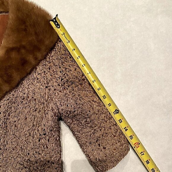 Vintage 40s 50s Pam Stewart ribbon knit crop coat chocolate brown mink collar - Picture 15 of 17